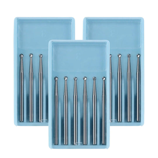 Dental FG #4 SL Surgical Length Round 25mm Carbide Burs displayed in three light blue plastic trays, each containing multiple silver-colored dental burs arranged neatly in rows, showcasing the product's organization and professional presentation.