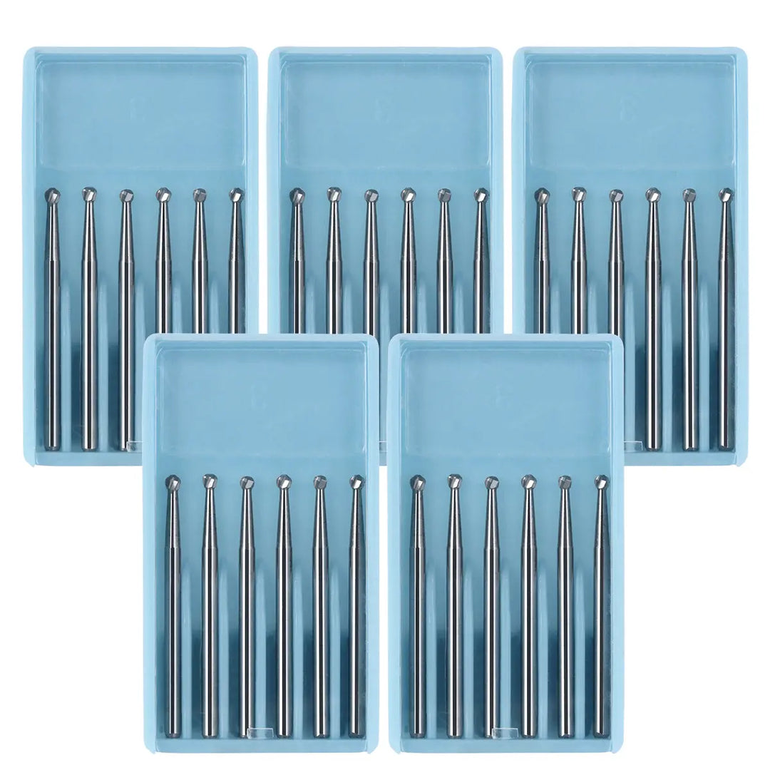 Dental FG #4 SL Surgical Length Round 25mm Carbide Burs displayed in five light blue plastic trays, each containing six silver metallic burs with long, slender shafts and round tips, arranged neatly in rows, showcasing the product's precision and quality for dental procedures.