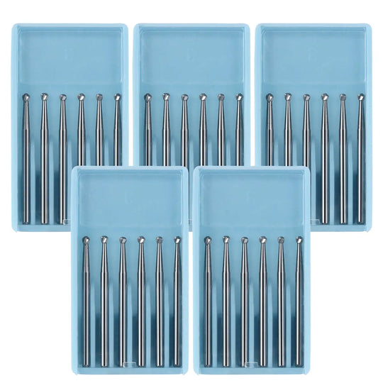 Dental FG #4 SL Surgical Length Round 25mm Carbide Burs displayed in five light blue plastic trays, each containing six silver metallic burs with long, slender shafts and round tips, arranged neatly in rows, showcasing the product's precision and quality for dental procedures.