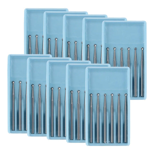 Dental FG #4 SL Surgical Length Round 25mm Carbide Burs in light blue plastic organizer trays, displaying multiple sets of shiny metal dental drill bits arranged neatly in rows, emphasizing precision and professional dental equipment for high-speed handpieces.