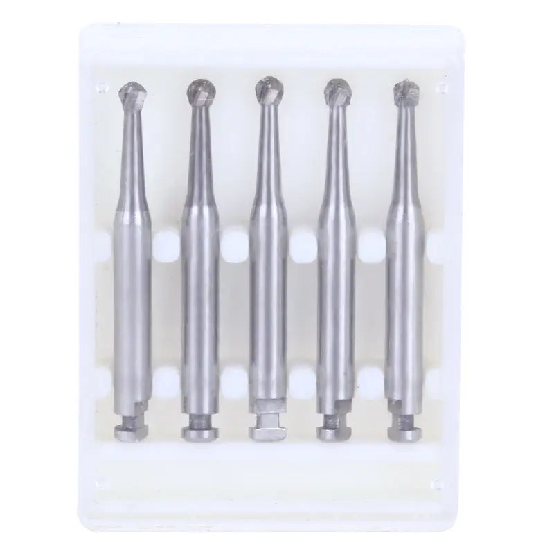 Five Dental RA #6 Round Carbide Burs for Slow Speed Latch, 1.8mm, arranged neatly in a white plastic case. The burs feature silver-colored shafts with spherical cutting heads, designed for precise dental procedures.