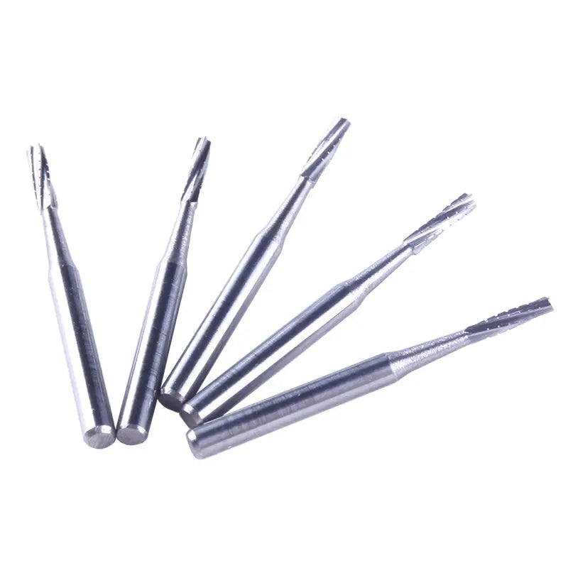 Dental Carbide Bur FG #557 Straight Fissure Crosscut 10/Box: Five silver tungsten steel dental burs with sharp cutting edges, arranged in a fan pattern, showcasing their straight fissure design for high-speed dental handpieces.