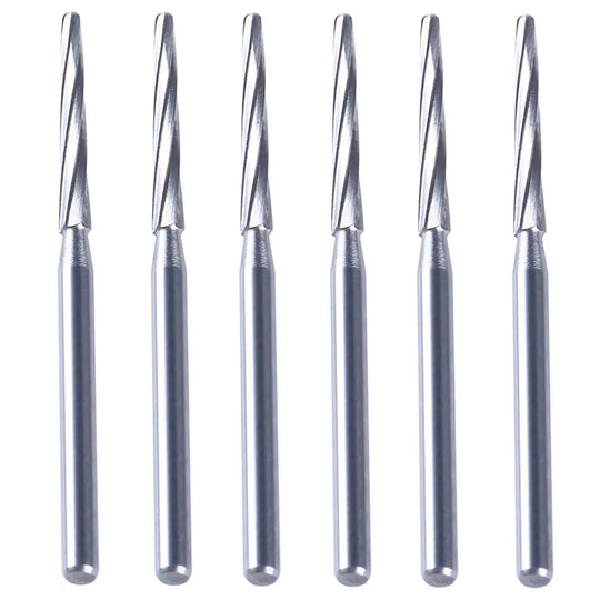 Six dental FG carbide bone cutters finishing burs 28mm arranged in a row, showcasing their sleek silver design with spiral-fluted tips for precise dental procedures. Dental FG Carbide Bone Cutters Finishing Burs 28mm 6pcs/Box for tooth sectioning, root removal, and cutting.