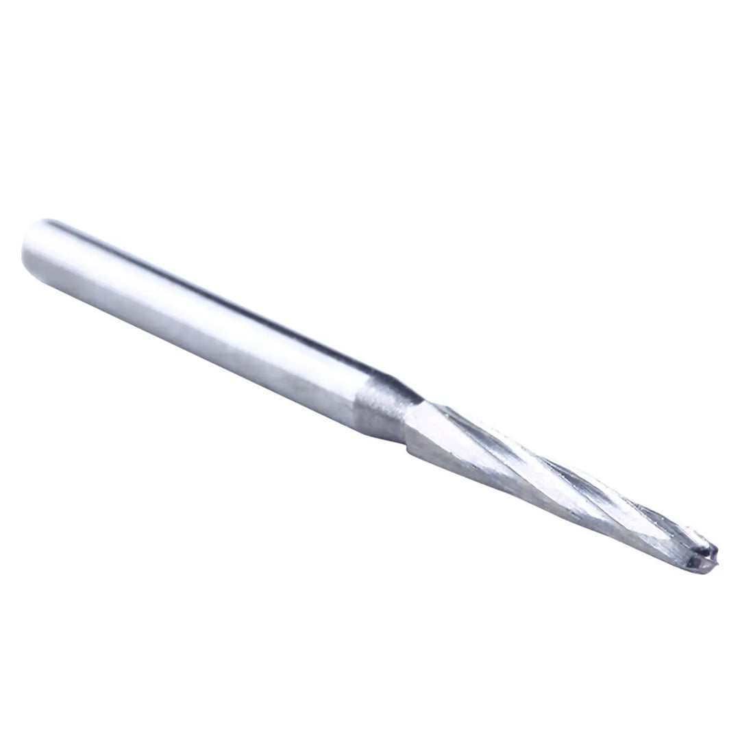 Dental FG Carbide Bone Cutters Finishing Burs 28mm 6pcs/Box: Close-up image of a single silver dental bur with a long cylindrical shaft and a pointed, fluted cutting end for precision dental work and tooth sectioning.