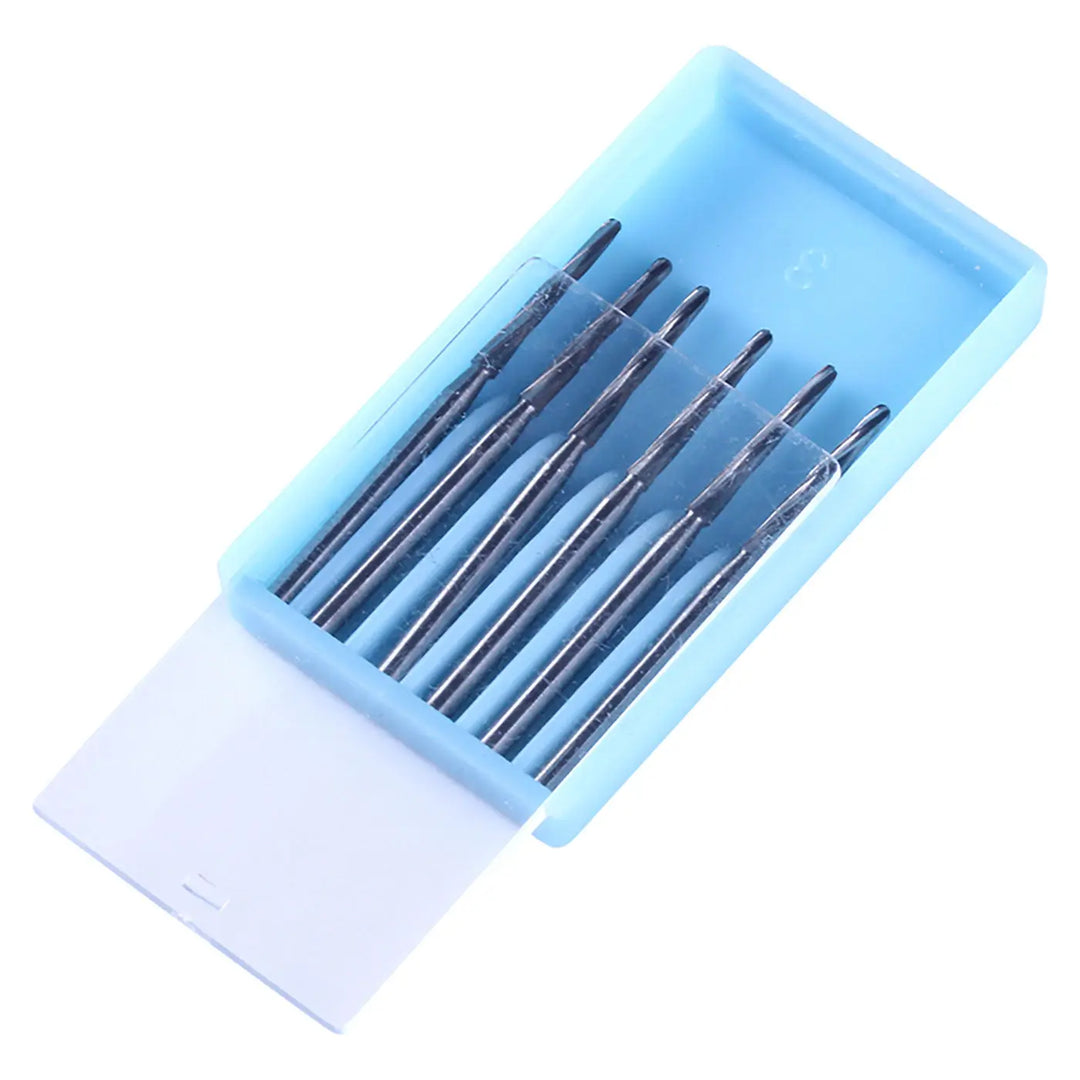 Dental FG Carbide Bone Cutters Finishing Burs 28mm 6pcs/Box in blue plastic case. Six long, thin metal burs with precise cutting tips for dental procedures like sectioning wisdom teeth, removing root stumps, and cutting teeth horizontally. Essential tools for dental professionals.