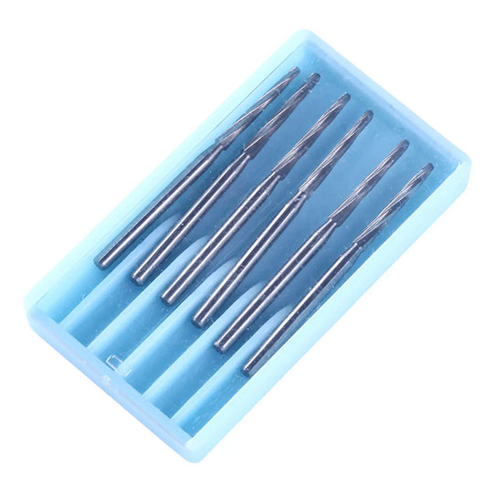 Dental FG Carbide Bone Cutters Finishing Burs 28mm 6pcs/Box displayed in a light blue plastic case. Six silver, elongated dental burs with precise cutting edges arranged neatly in individual slots for dental procedures and tooth extraction.