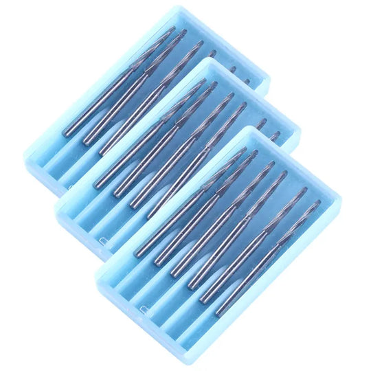 Dental FG Carbide Bone Cutters Finishing Burs 28mm 6pcs/Box displayed in three light blue plastic containers. Each container holds multiple silver metallic burs arranged neatly in rows, showcasing the precision dental tools for various tooth cutting and finishing procedures.