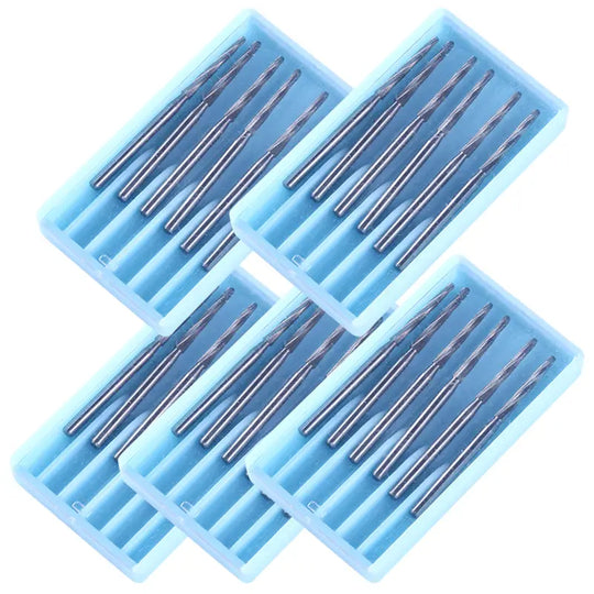 Dental FG Carbide Bone Cutters Finishing Burs 28mm 6pcs/Box displayed in five blue plastic organizer cases, each containing six silver metallic dental burs for precision tooth cutting and root removal procedures