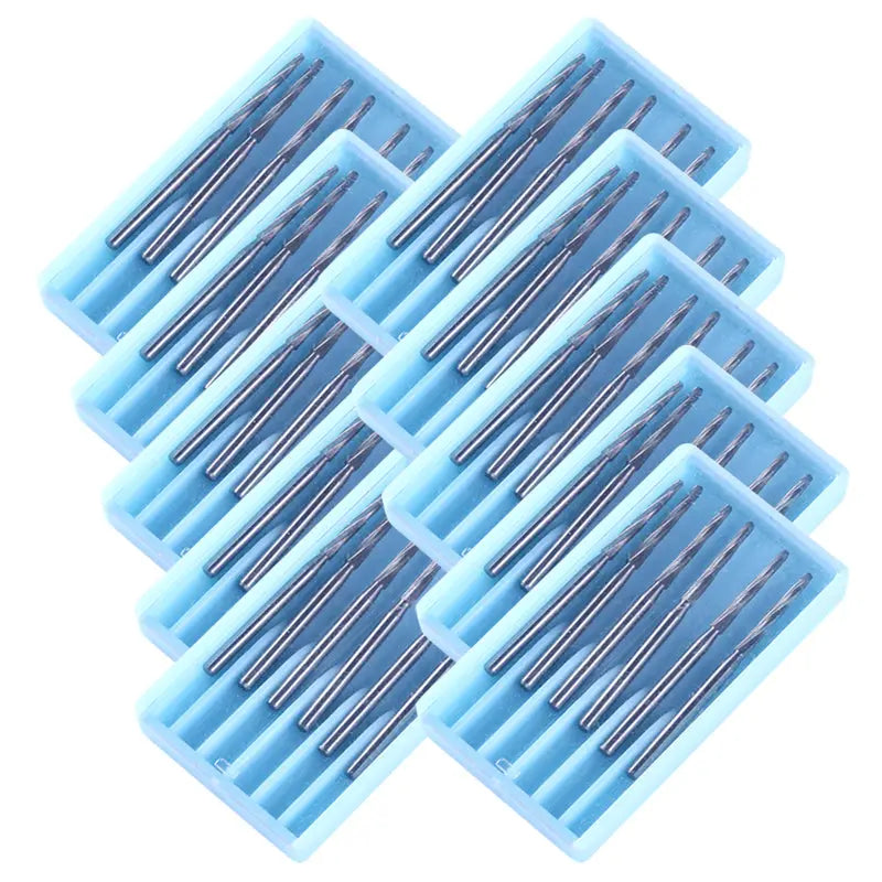 Dental FG Carbide Bone Cutters Finishing Burs 28mm 6pcs/Box: Multiple blue plastic cases containing silver dental burs for sectioning impacted wisdom teeth, removing broken root stumps, and cutting teeth horizontally. Essential tools for dental procedures.