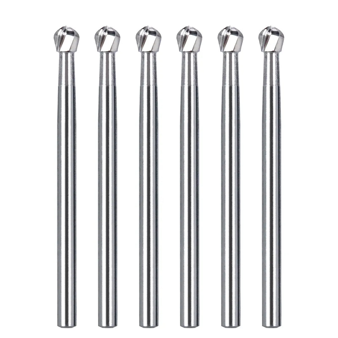 Dental FG #8 SL Surgical Length Round 25mm Carbide Burs, set of 6 silver-colored dental tools with long shafts and round cutting heads, designed for high-speed handpieces, providing smooth cutting and powerful performance for dental procedures