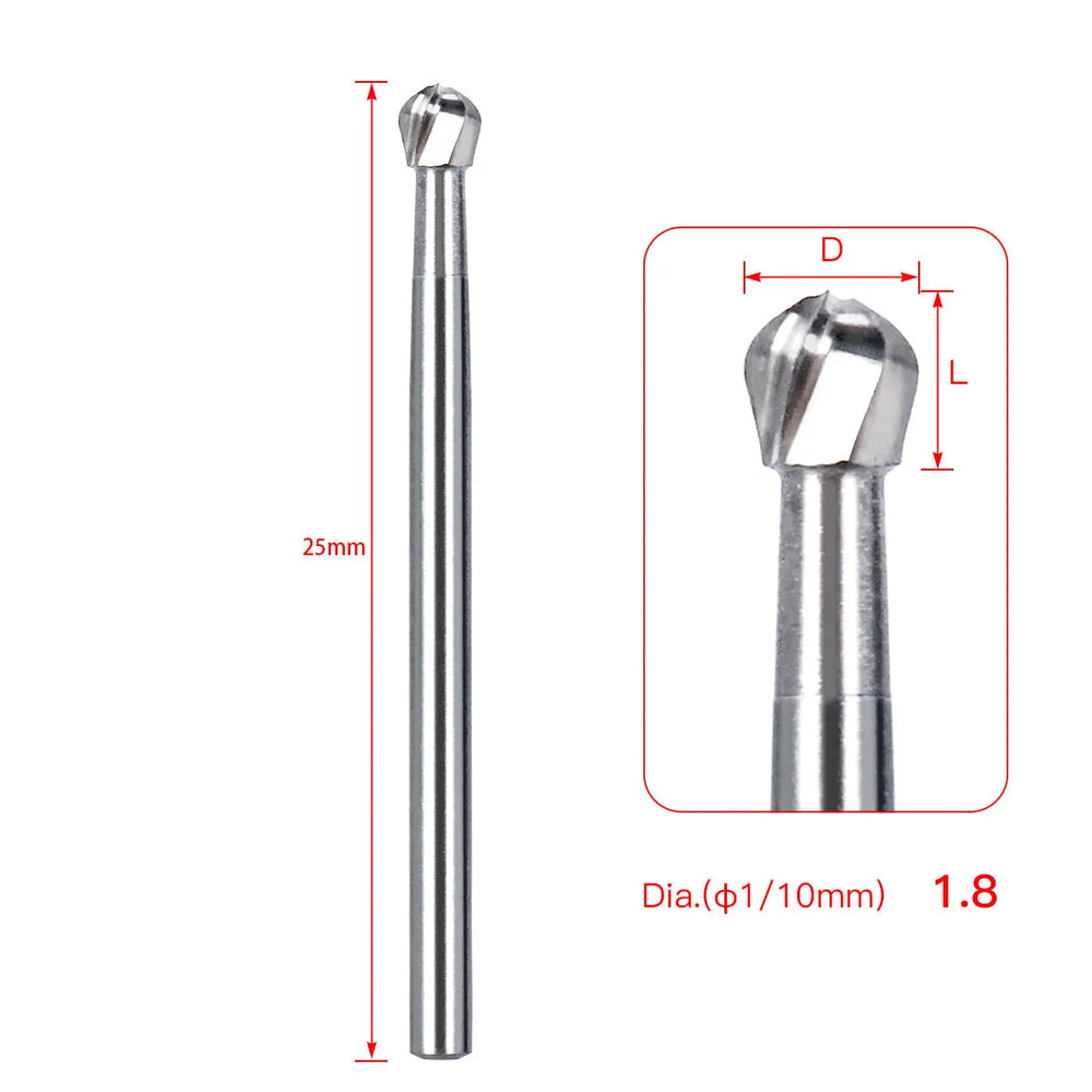 Dental FG #8 SL Surgical Length Round 25mm Carbide Burs 6pcs/Box. Detailed image showing a single carbide dental bur with 25mm length and 1.8mm diameter. Inset displays close-up of rounded cutting head. Precision dental tool for high-speed handpieces.