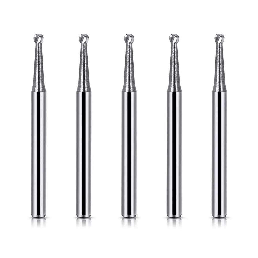 Dental FG #2 Round Carbide Bur 10pcs/Box: Five silver-colored dental burs with long, slender shafts and small round cutting heads, arranged in a row on a white background. These high-speed handpiece tools showcase precision and durability for dental procedures.