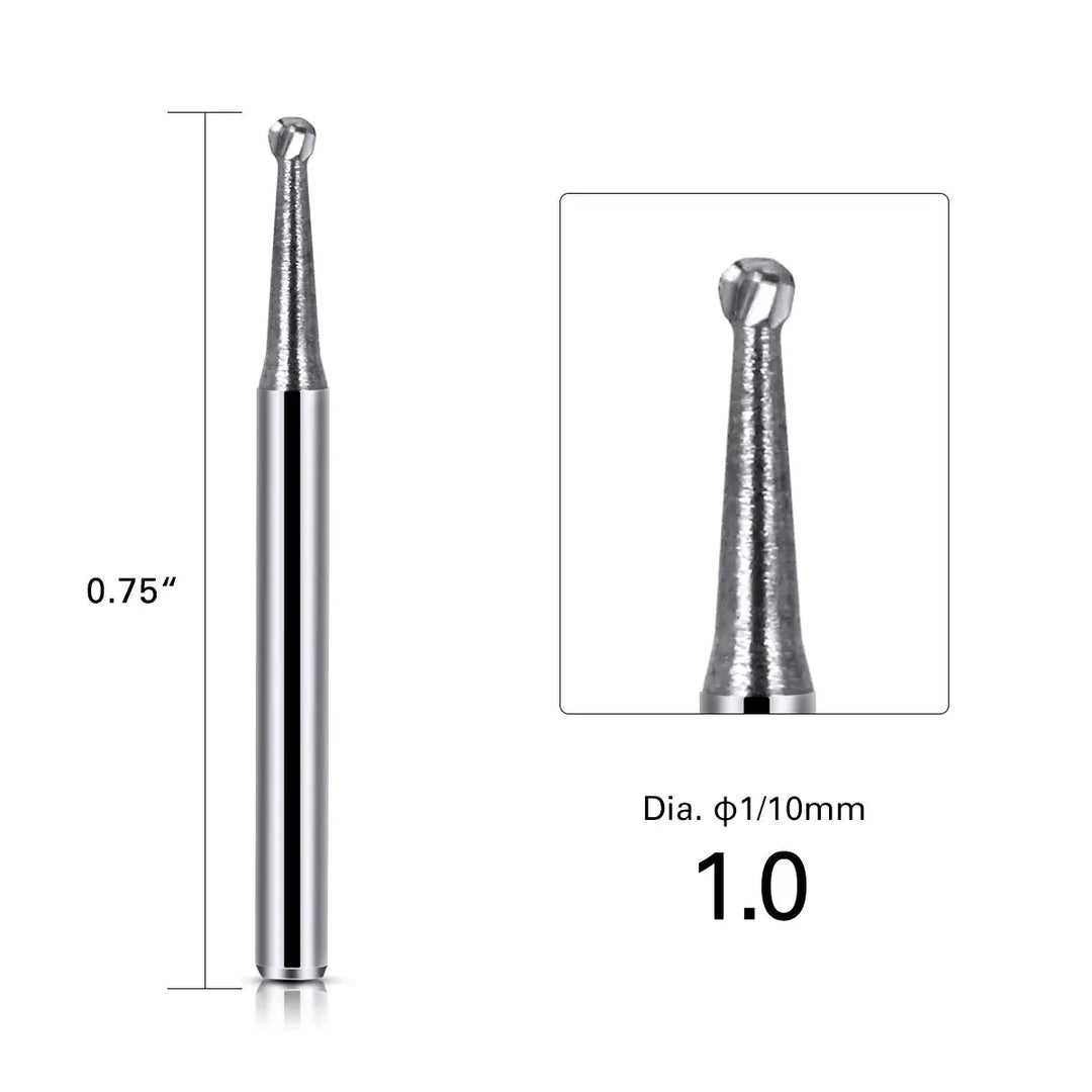 Dental FG #2 Round Carbide Bur 10pcs/Box: Close-up of a single silver dental bur with round tip, measuring 0.75 inches in length and 1.0 mm in diameter. Product image shows full-length view and zoomed-in tip detail.