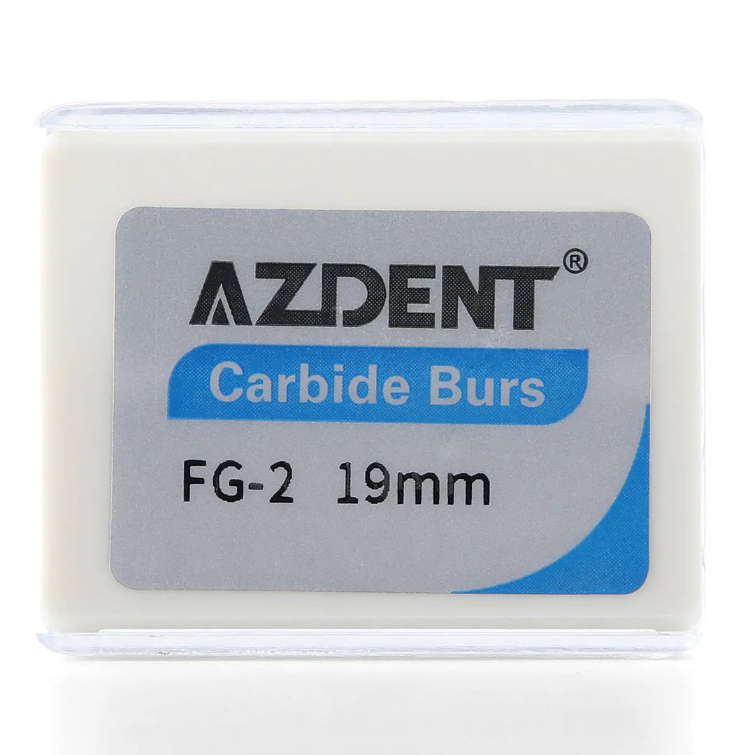 Dental FG #2 Round Carbide Bur 10pcs/Box: Close-up of AZDENT Carbide Burs packaging, showing FG-2 19mm model, in white plastic container with gray and blue label