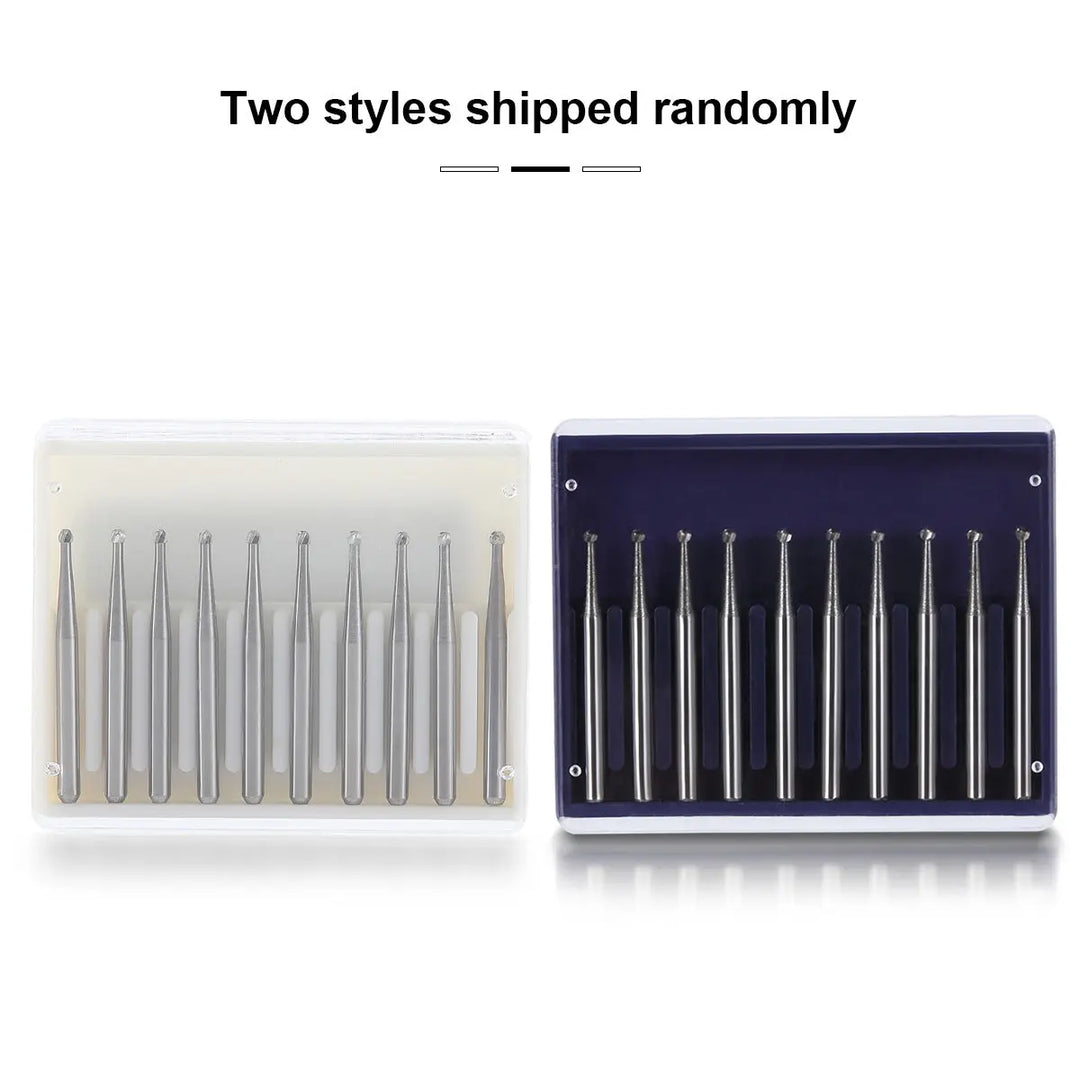 Dental FG #2 Round Carbide Bur 10pcs/Box: Two clear plastic cases displaying ten slender, metallic dental burs each. One case is white, the other navy blue. Text above states "Two styles shipped randomly.