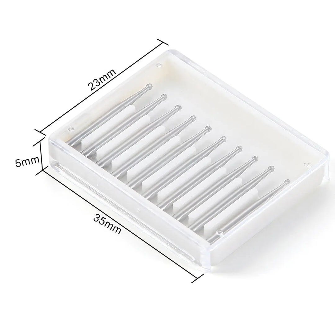 Dental FG #2 Round Carbide Bur 10pcs/Box in clear plastic container. Ten silver dental burs neatly arranged in a row. Container dimensions shown: 23mm x 35mm x 5mm. High-quality tungsten carbide burs for dental handpieces, offering smooth cutting and durability.