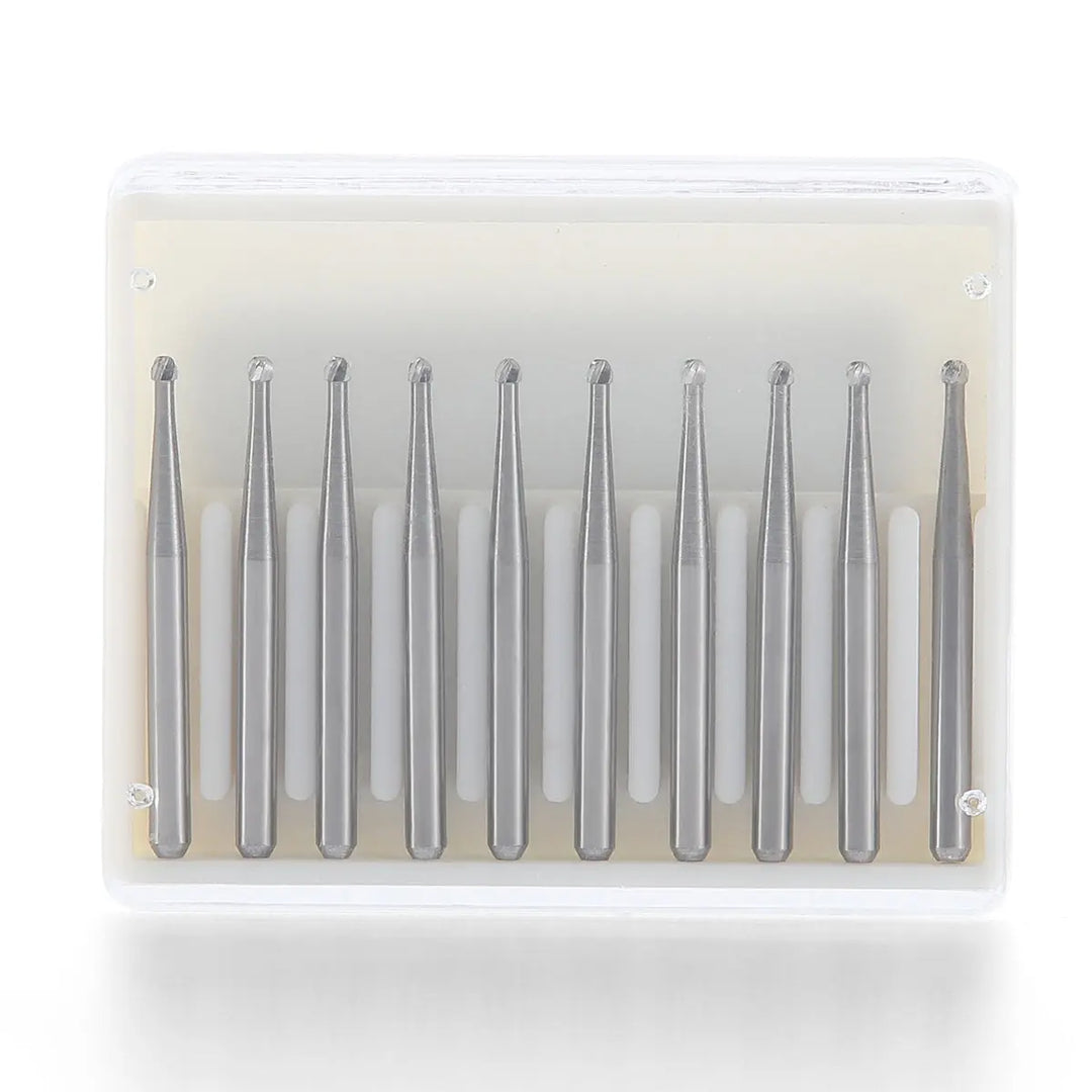 Dental FG #2 Round Carbide Bur 10pcs/Box in clear plastic case. Ten slender, silver-colored dental burs with round tips lined up neatly inside. Tungsten carbide tools for high-speed dental handpieces, offering smooth cutting and durability for dental procedures.