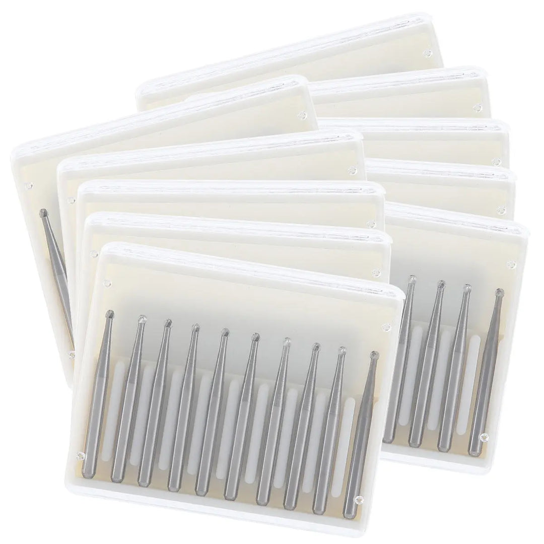 Dental FG #2 Round Carbide Bur 10pcs/Box displayed in multiple clear plastic cases. Each case contains several thin, silver dental burs arranged neatly in rows. The burs are visible through the transparent packaging, showcasing their precision design for dental procedures.