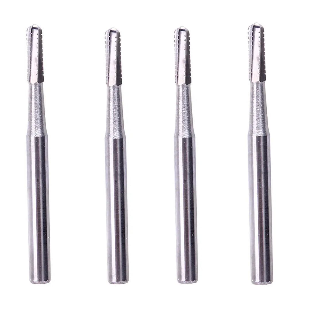 Dental FG #1958 Metal Cutter Carbide Bur 10pcs/Box - Four slender, silver-colored dental burs with cylindrical shafts and tapered cutting ends, designed for high-speed handpieces to cut through metal in dental procedures