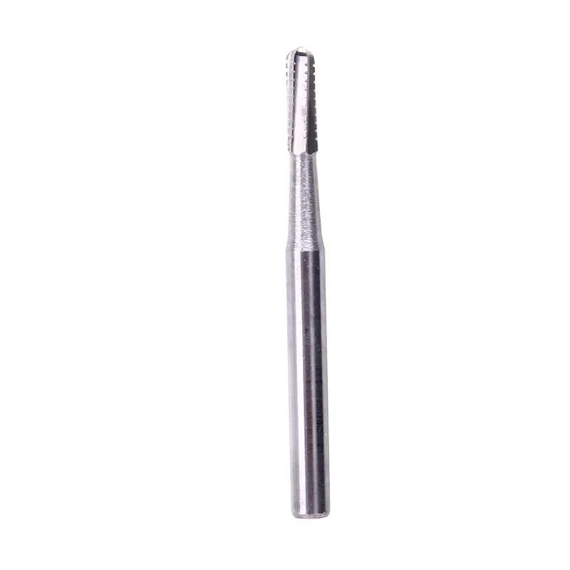 Dental FG #1958 Metal Cutter Carbide Bur, single tungsten carbide bur with cylindrical shape, tapered end, and textured cutting surface, designed for high-speed dental handpieces, used for cutting metal in dental procedures