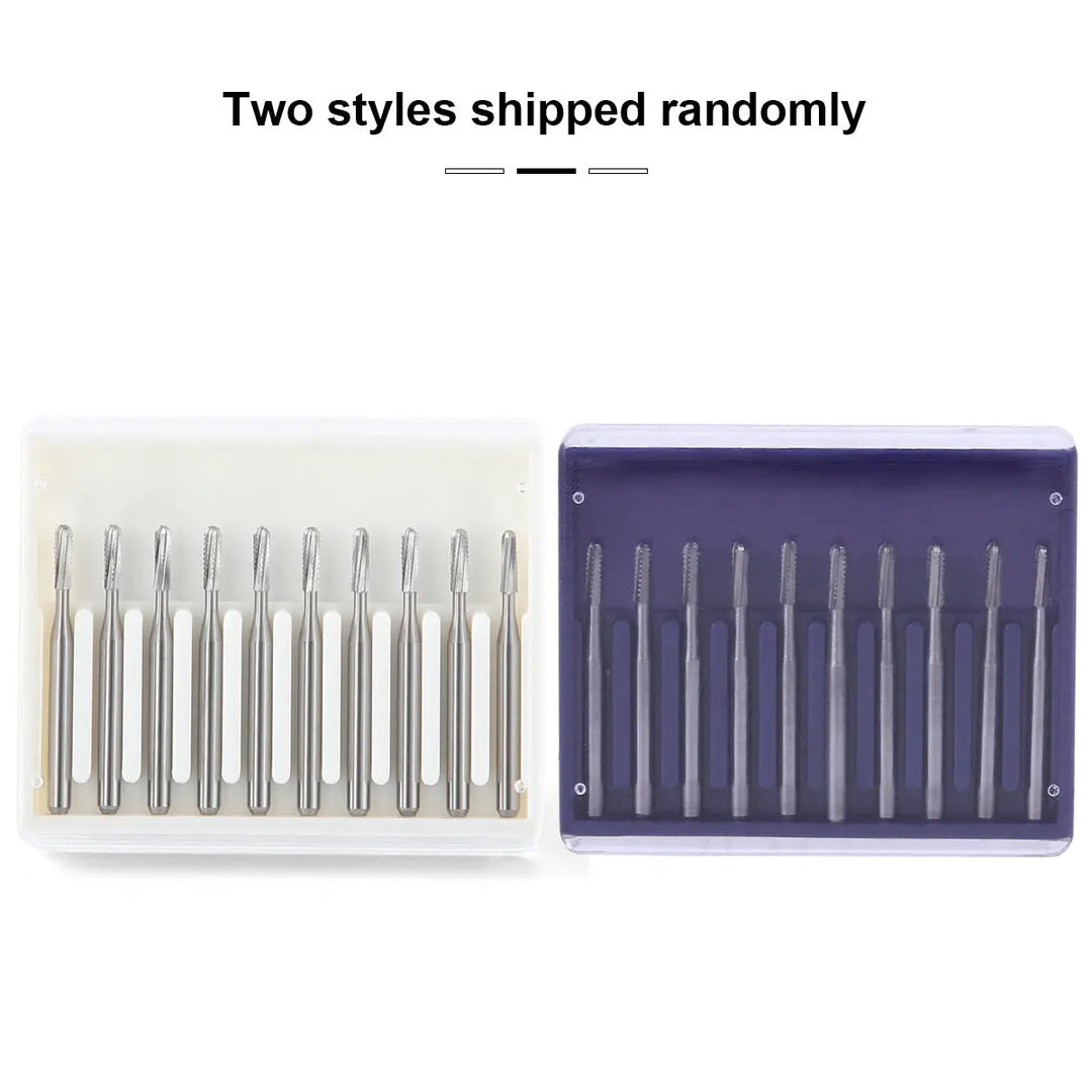 Dental FG #1958 Metal Cutter Carbide Bur 10pcs/Box: Two styles of dental carbide burs displayed in clear and purple containers, each holding 10 identical metal cutting tools with long, slender shafts and small cutting heads for high-speed dental handpieces.