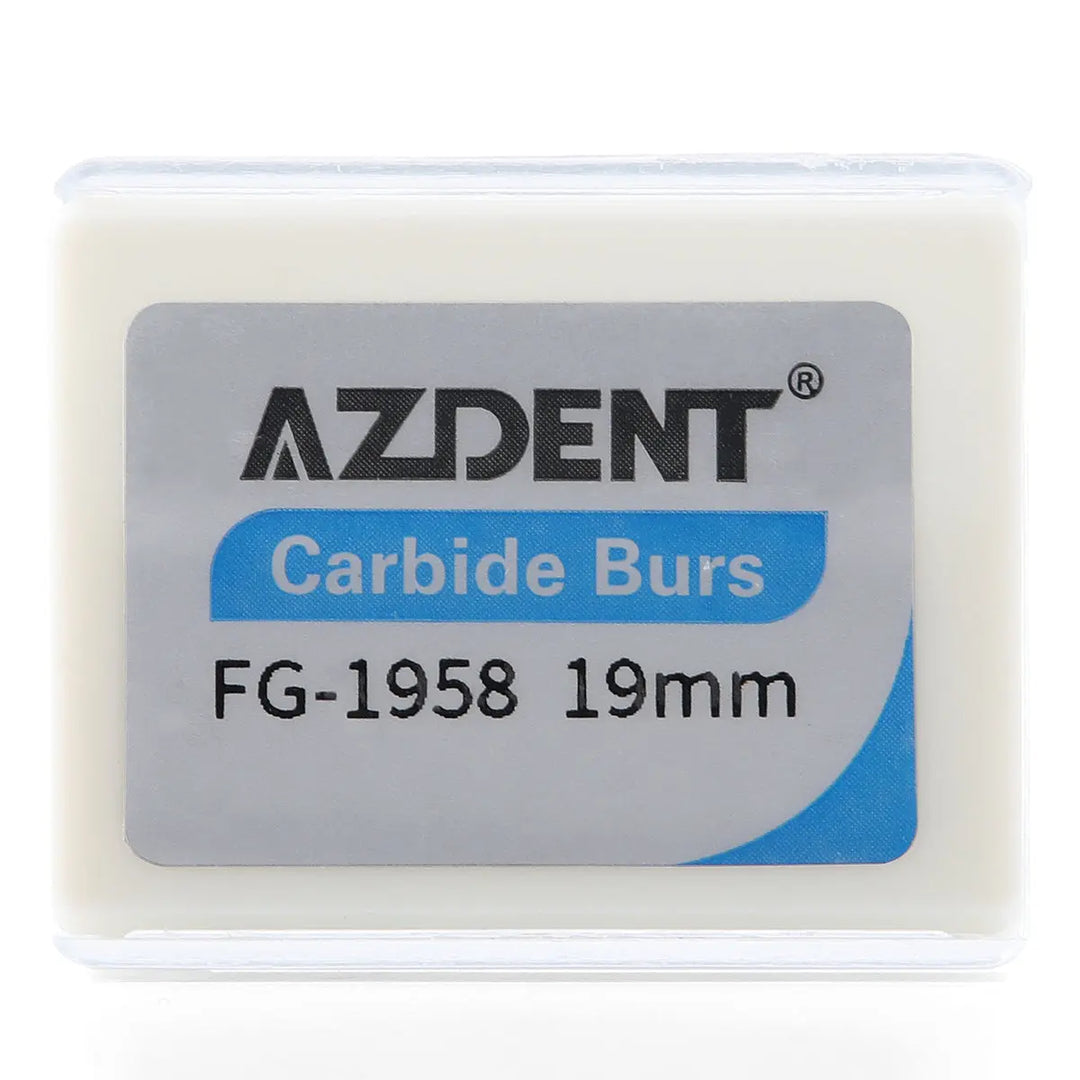 Dental FG #1958 Metal Cutter Carbide Bur 10pcs/Box in clear plastic container. AZDENT brand label visible, showing product details: Carbide Burs, FG-1958 19mm. High-speed dental handpiece tool for cutting metal.