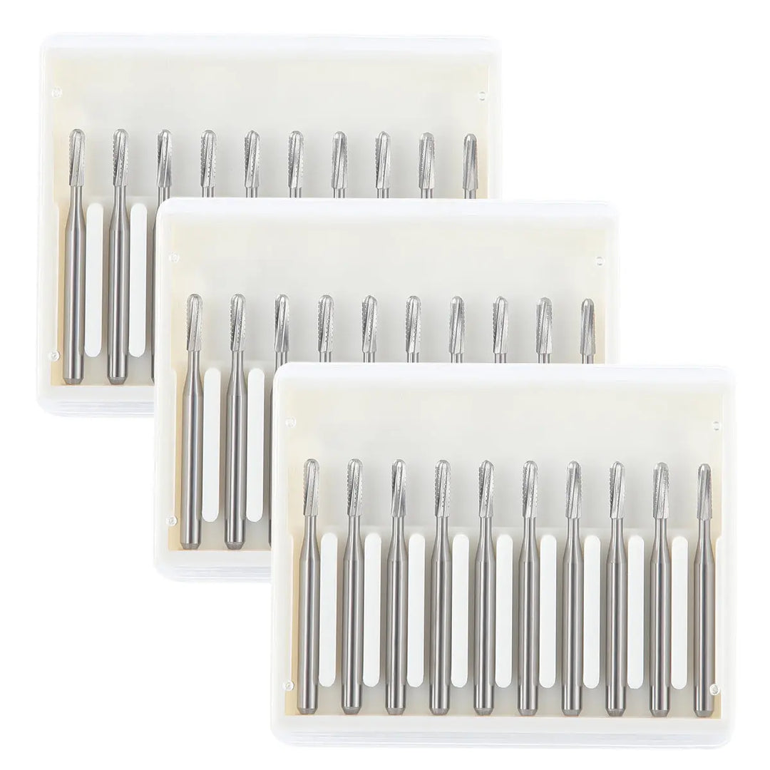 Dental FG #1958 Metal Cutter Carbide Bur 10pcs/Box, three transparent boxes containing silver tungsten carbide dental burs with cylindrical shanks and small cutting heads, designed for high-speed handpieces and metal cutting in dental procedures