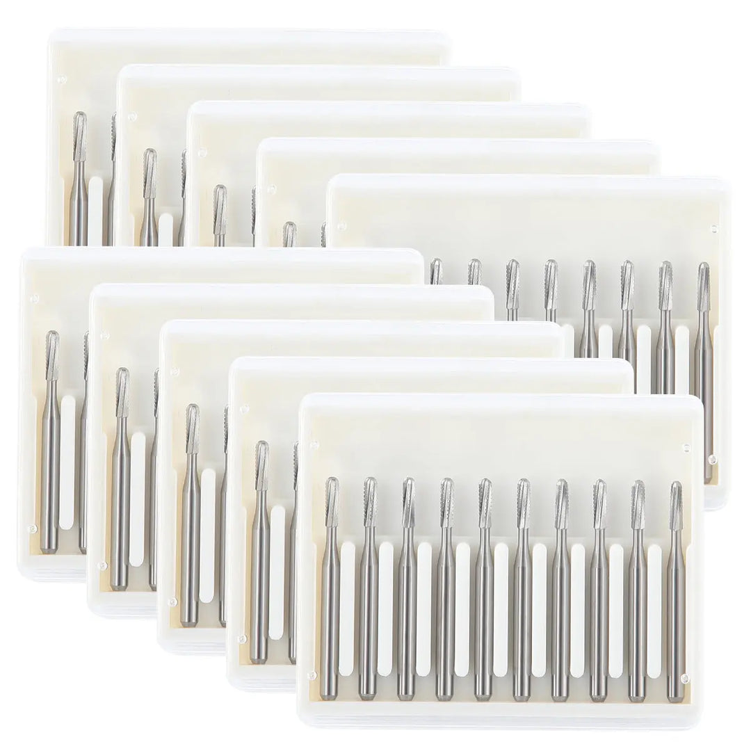 Dental FG #1958 Metal Cutter Carbide Bur 10pcs/Box, multiple clear plastic cases containing silver dental burs, arranged in rows, showcasing the precision tools for high-speed dental handpieces, professional-grade instruments for cutting metal in dental procedures