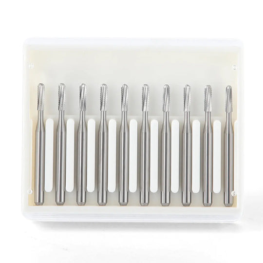 Dental FG #1958 Metal Cutter Carbide Bur 10pcs/Box: Set of 10 silver tungsten carbide dental burs in clear plastic case. Cylindrical shafts with fluted cutting heads for high-speed handpieces. Designed for cutting metal in dental procedures.