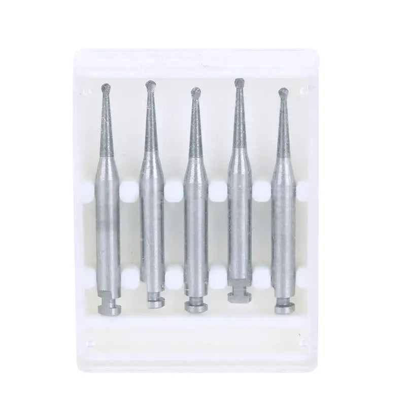 Five silver Dental RA #2 Round Carbide Burs for Slow Speed Latch, 1mm diameter, displayed in a clear plastic case. High-quality tungsten carbide tools for precise dental procedures, showcasing durability and powerful cutting performance.