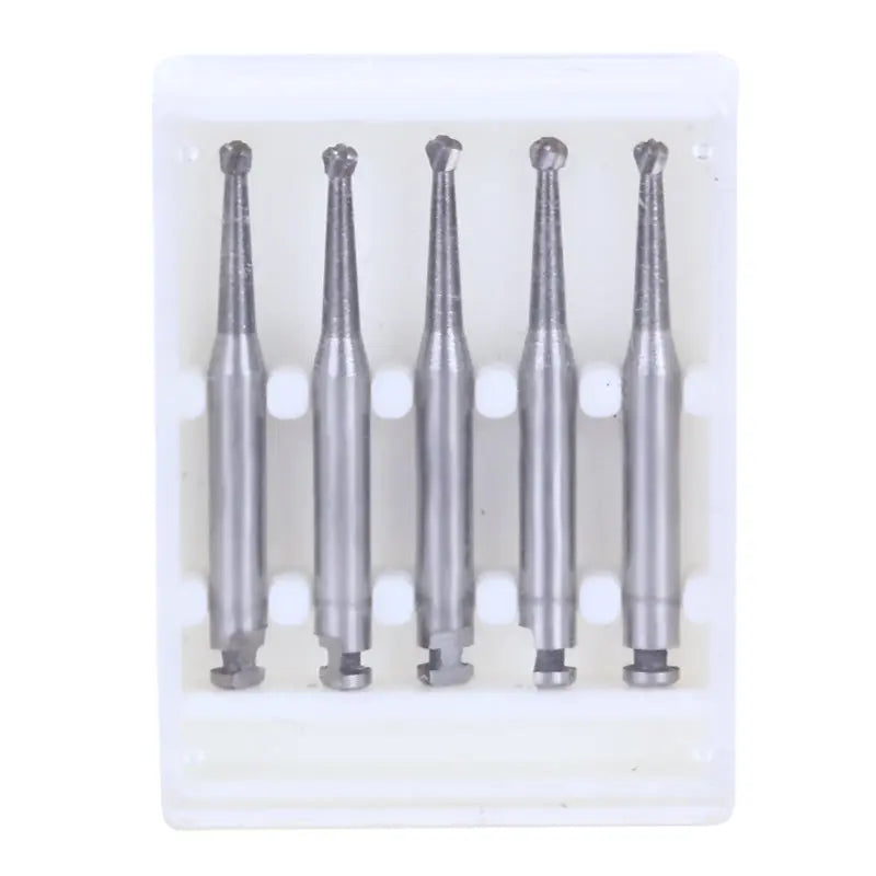 Five Dental RA #5 Round Carbide Burs for Slow Speed Latch 1.6mm displayed in a clear plastic case. The burs are silver, with slender shafts and rounded cutting heads, designed for precision dental work.