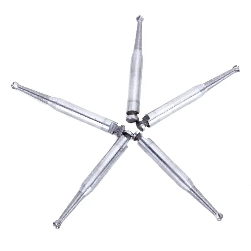 Five silver dental RA #5 round carbide burs for slow speed latch handpieces arranged in a star pattern, showcasing the 1.6mm head diameter and overall 22.5mm length of the Dental RA #5 Round Carbide Bur product.