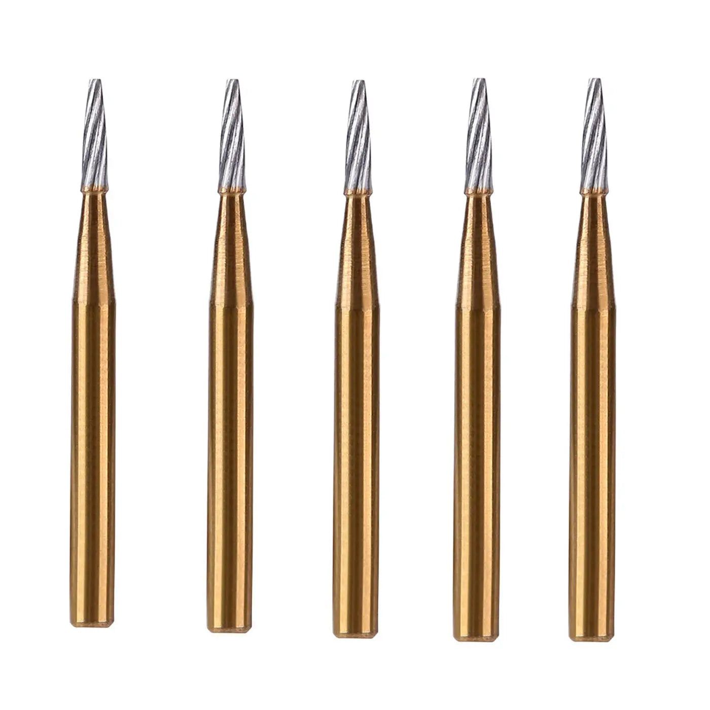 Dental Carbide Burs FG 7902 Needle Shaped Trimming & Finishing 10pcs/Box: Five gold-colored dental burs with silver needle-shaped tips arranged vertically, showcasing their slim, precision design for dental procedures.