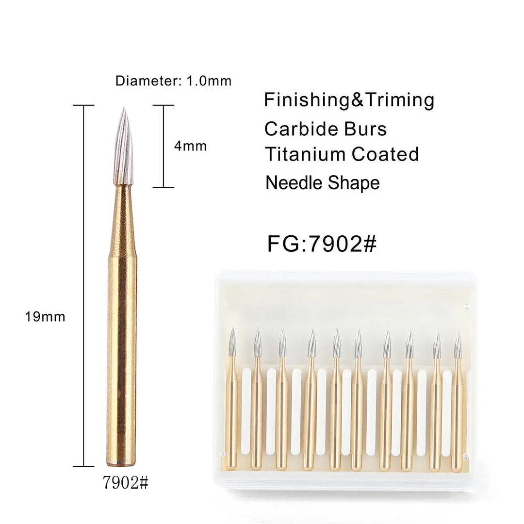 Dental Carbide Burs FG 7902 Needle Shaped Trimming & Finishing 10pcs/Box: Close-up of titanium-coated needle-shaped carbide bur with 1.0mm diameter, 4mm head length, and 19mm total length. Set of 10 burs displayed in packaging.