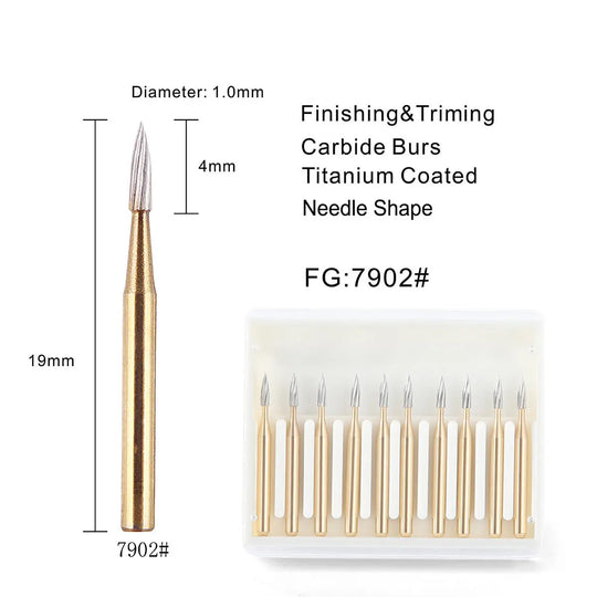 Dental Carbide Burs FG 7902 Needle Shaped Trimming & Finishing 10pcs/Box: Close-up of titanium-coated needle-shaped carbide bur with 1.0mm diameter, 4mm head length, and 19mm total length. Set of 10 burs displayed in packaging.