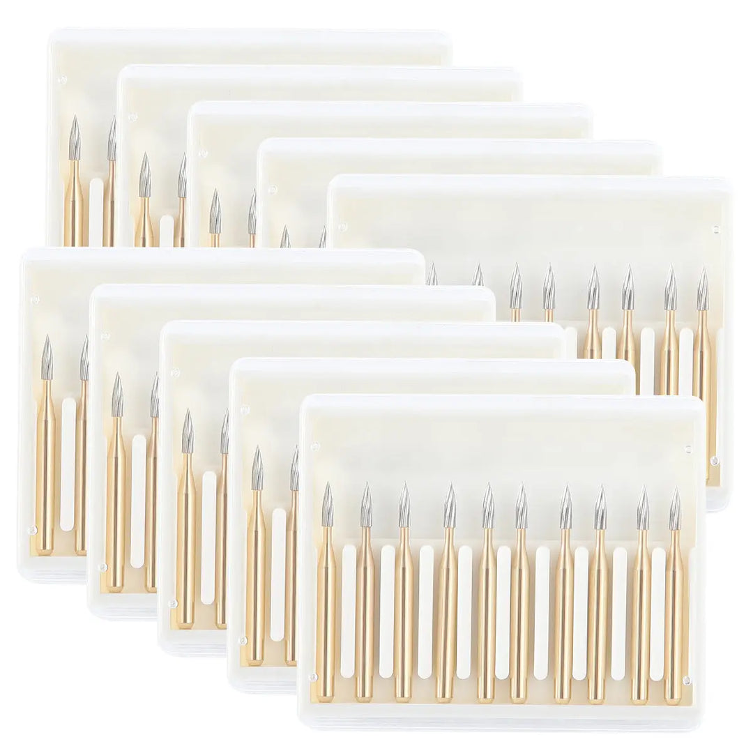 Dental Carbide Burs FG 7902 Needle Shaped Trimming & Finishing 10pcs/Box. Multiple packages of thin, gold-colored dental burs with silver tips arranged in rows on white backing. Each package contains 10 precision dental instruments for high-speed handpieces.