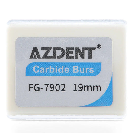 Dental Carbide Burs FG 7902 Needle Shaped Trimming & Finishing 10pcs/Box: Close-up of AZDENT brand carbide burs packaging, showing FG-7902 19mm specification on white plastic container with blue and gray label