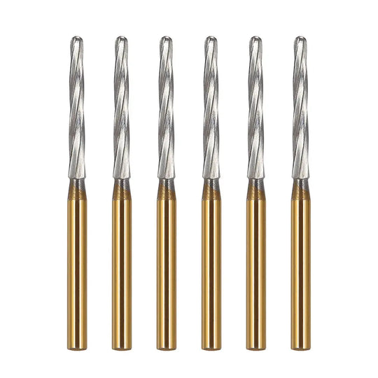 Dental FG Carbide Finishing Burs 25mm Gold 6pcs/Box: Six gold-colored dental burs with silver spiral-shaped cutting heads, used for precision tooth work. Long, slender design for deep reach in dental procedures. Carbide tips ensure durability and effective cutting performance.