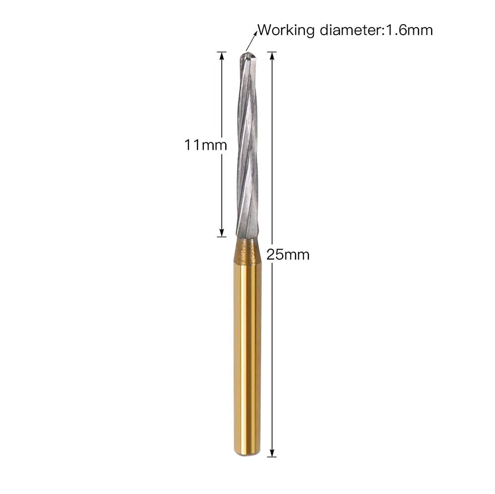 Dental FG Carbide Finishing Burs 25mm Gold 6pcs/Box - Close-up image of a single gold-colored dental bur with a 25mm total length, 11mm working head, and 1.6mm working diameter, showcasing its precise dimensions for various dental procedures