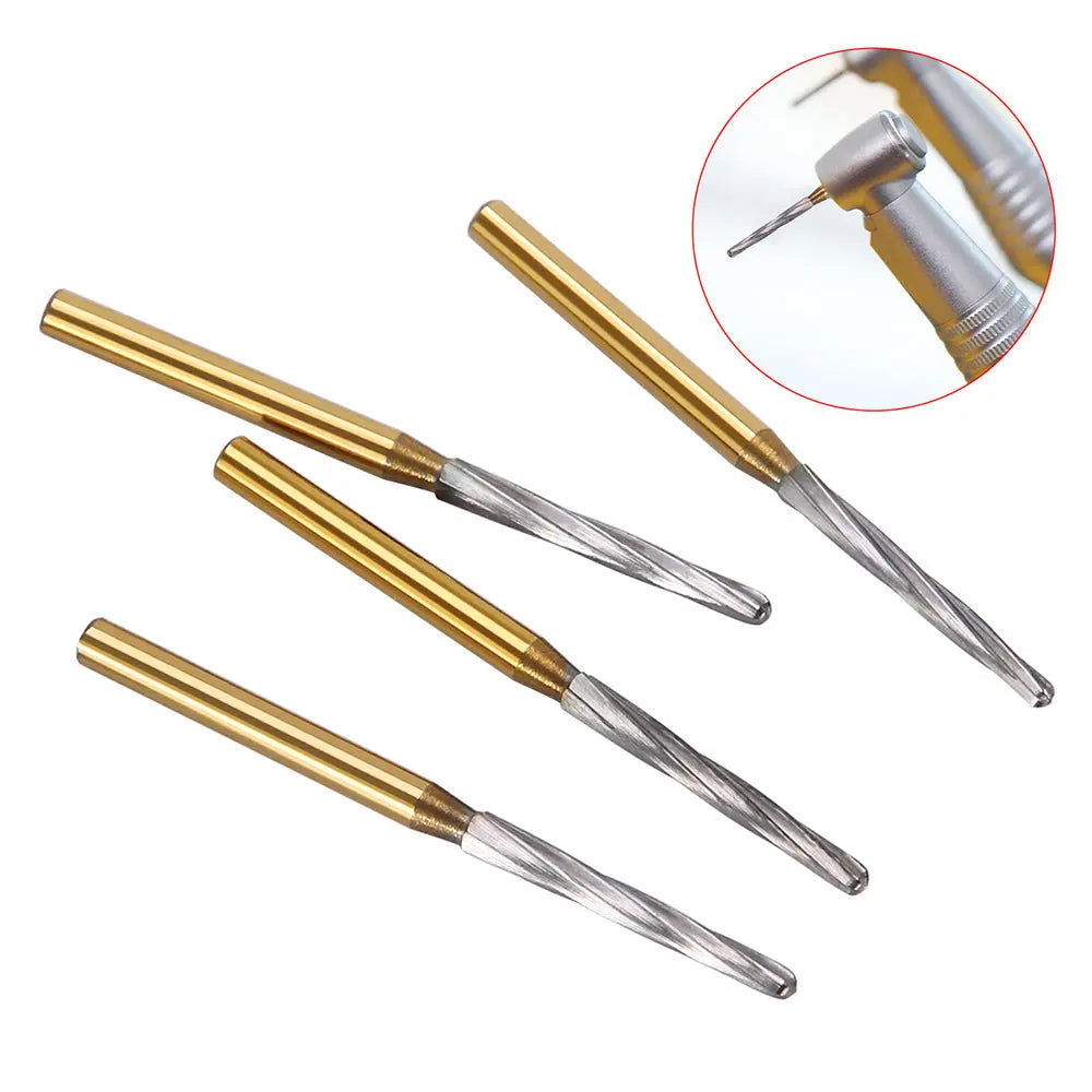 Dental FG Carbide Finishing Burs 25mm Gold 6pcs/Box: Close-up of four gold-colored dental burs with silver cutting tips, showcasing their precision design for tooth preparation and sectioning. Inset image displays a dental handpiece with attached bur for context.