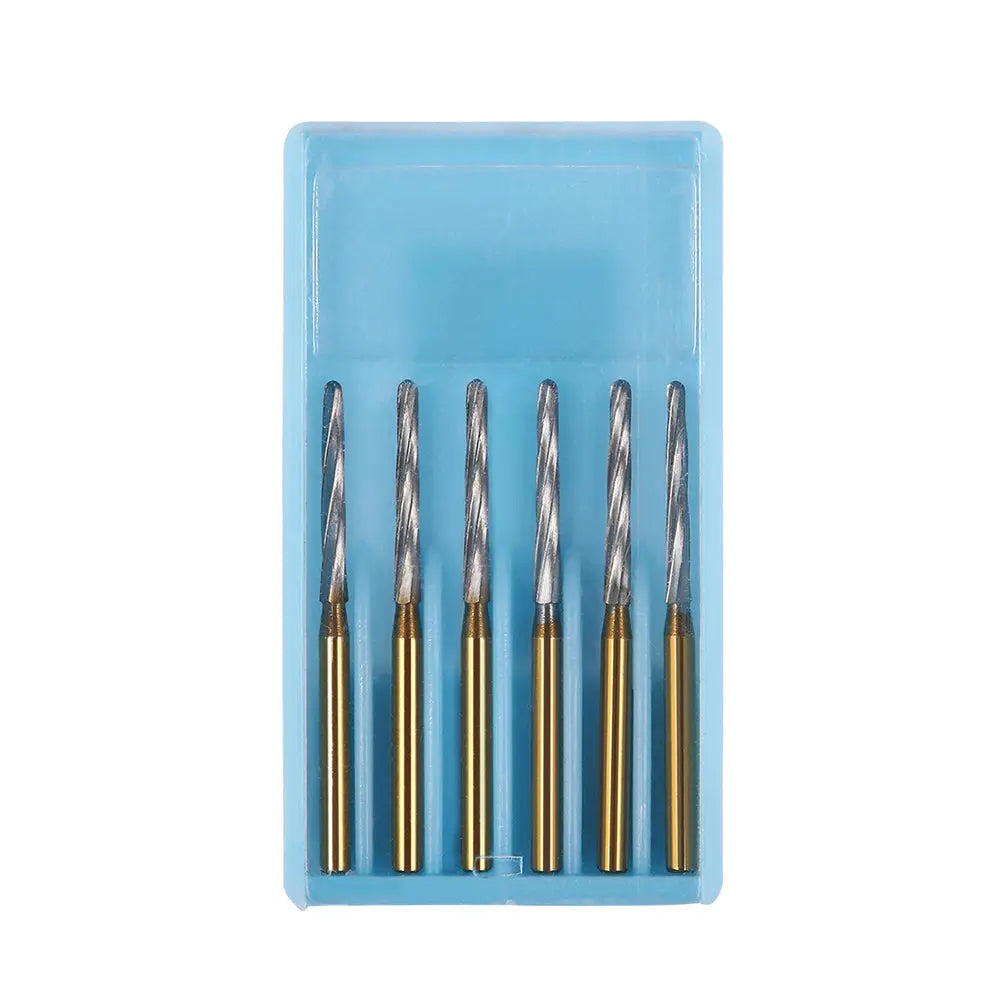 Dental FG Carbide Finishing Burs 25mm Gold 6pcs/Box displayed in a light blue plastic case. Six gold-colored burs with silver spiral tips arranged neatly in a row, showcasing their precision design for dental procedures like sectioning wisdom teeth and preparing tooth shoulders.