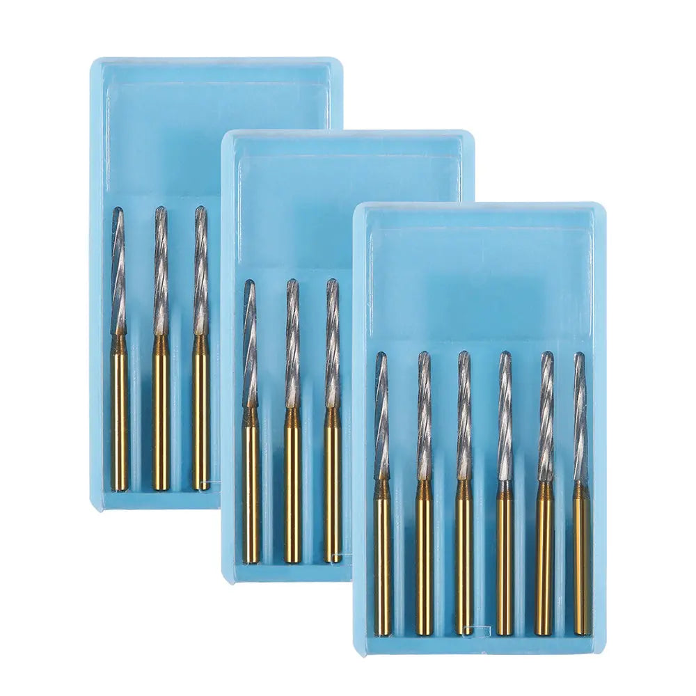 Dental FG Carbide Finishing Burs 25mm Gold 6pcs/Box displayed in three blue plastic cases, each containing multiple gold-tipped dental burs with silver shanks, arranged neatly for professional dental procedures and tooth preparation