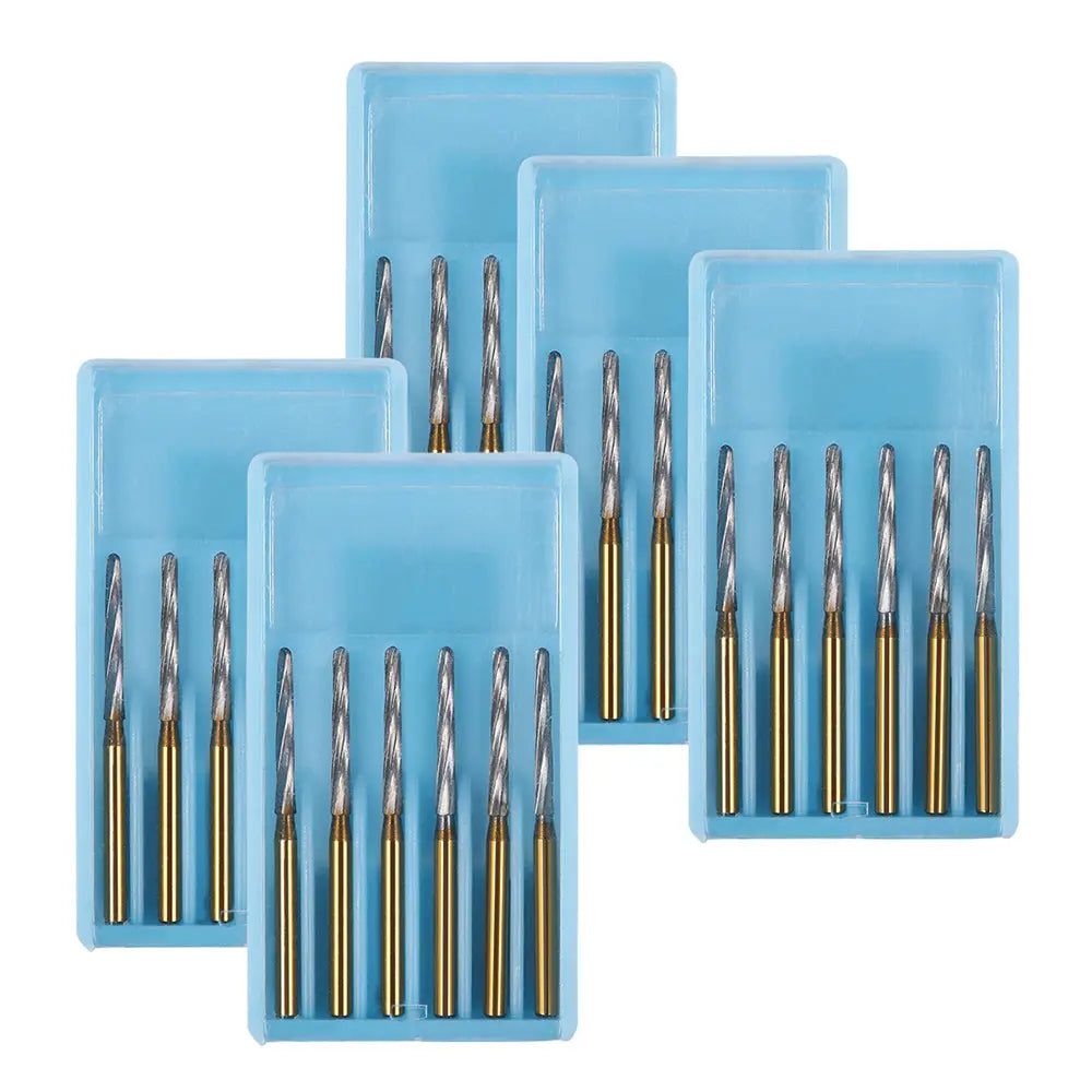 Dental FG Carbide Finishing Burs 25mm Gold 6pcs/Box, set of five blue plastic cases containing various sizes of gold-tipped dental burs for tooth preparation and extraction, displayed on white background