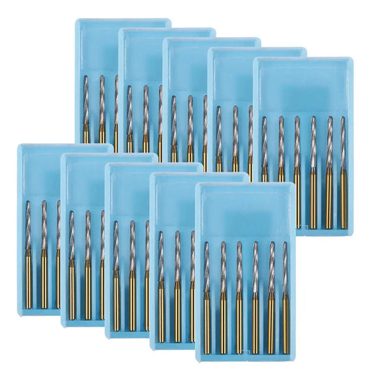 Dental FG Carbide Finishing Burs 25mm Gold 6pcs/Box displayed in multiple blue plastic cases, each containing six gold-colored dental burs with spiral cutting edges, arranged neatly for professional dental procedures and tooth preparation