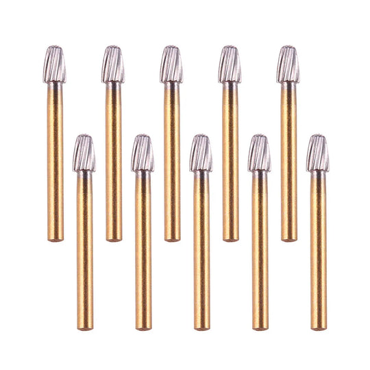 Dental Carbide Burs FG 7408 Egg Shaped Trimming & Finishing 10pcs/Box: Close-up of ten gold-shafted dental burs with silver, egg-shaped heads, arranged vertically in two rows against a white background.