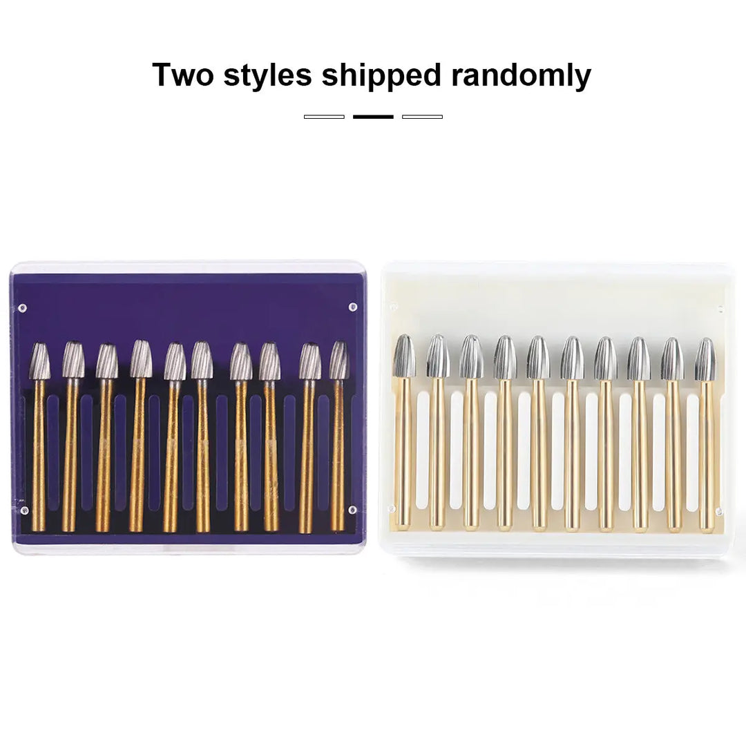 Dental Carbide Burs FG 7408 Egg Shaped Trimming & Finishing 10pcs/Box displayed in two styles: set of gold-handled burs in purple case and set of silver-handled burs in white case, showcasing product variety and storage options