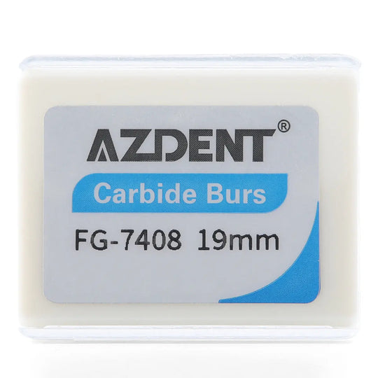 Dental Carbide Burs FG 7408 Egg Shaped Trimming & Finishing 10pcs/Box in AZDENT brand packaging. Clear plastic box with white insert containing carbide burs. Product label shows FG-7408 19mm specification.