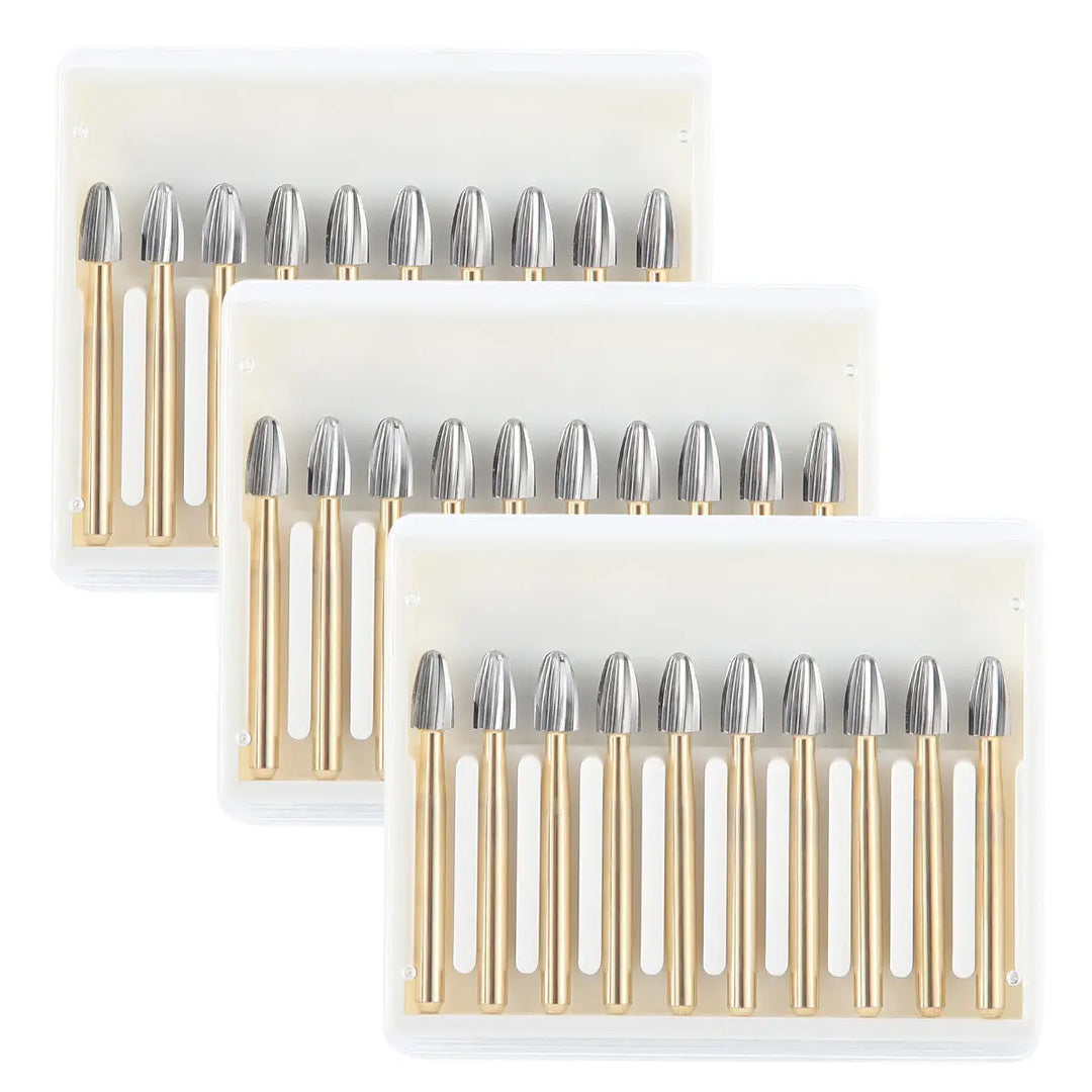 Dental Carbide Burs FG 7408 Egg Shaped Trimming & Finishing 10pcs/Box: Three rows of gold-handled, silver-tipped dental burs arranged in clear plastic packaging, showcasing the egg-shaped heads and slender shafts of these precision dental tools for trimming and finishing.