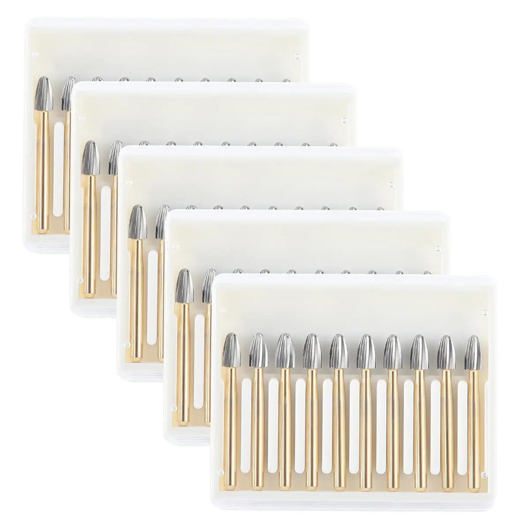 Dental Carbide Burs FG 7408 Egg Shaped Trimming & Finishing 10pcs/Box, featuring five transparent boxes containing gold-handled, silver-tipped dental burs arranged neatly in rows, showcasing the product's precision and quality for dental procedures