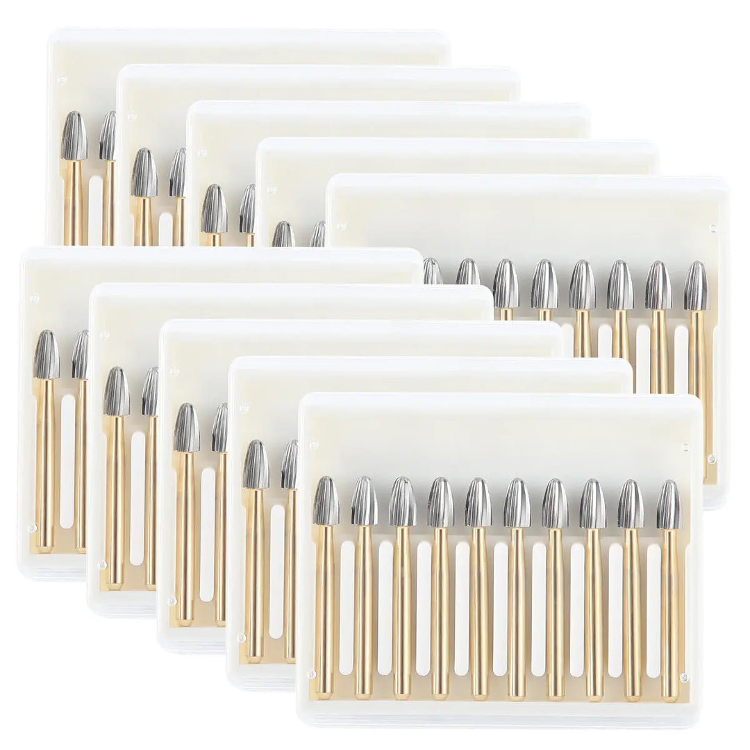 Dental Carbide Burs FG 7408 Egg Shaped Trimming & Finishing 10pcs/Box displayed in multiple clear plastic cases, each containing several gold-handled burs with silver egg-shaped tips, arranged neatly in rows, showcasing the product's quantity and design.